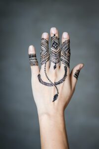 Close-up image of a hand adorned with intricate henna patterns, symbolizing cultural traditions.